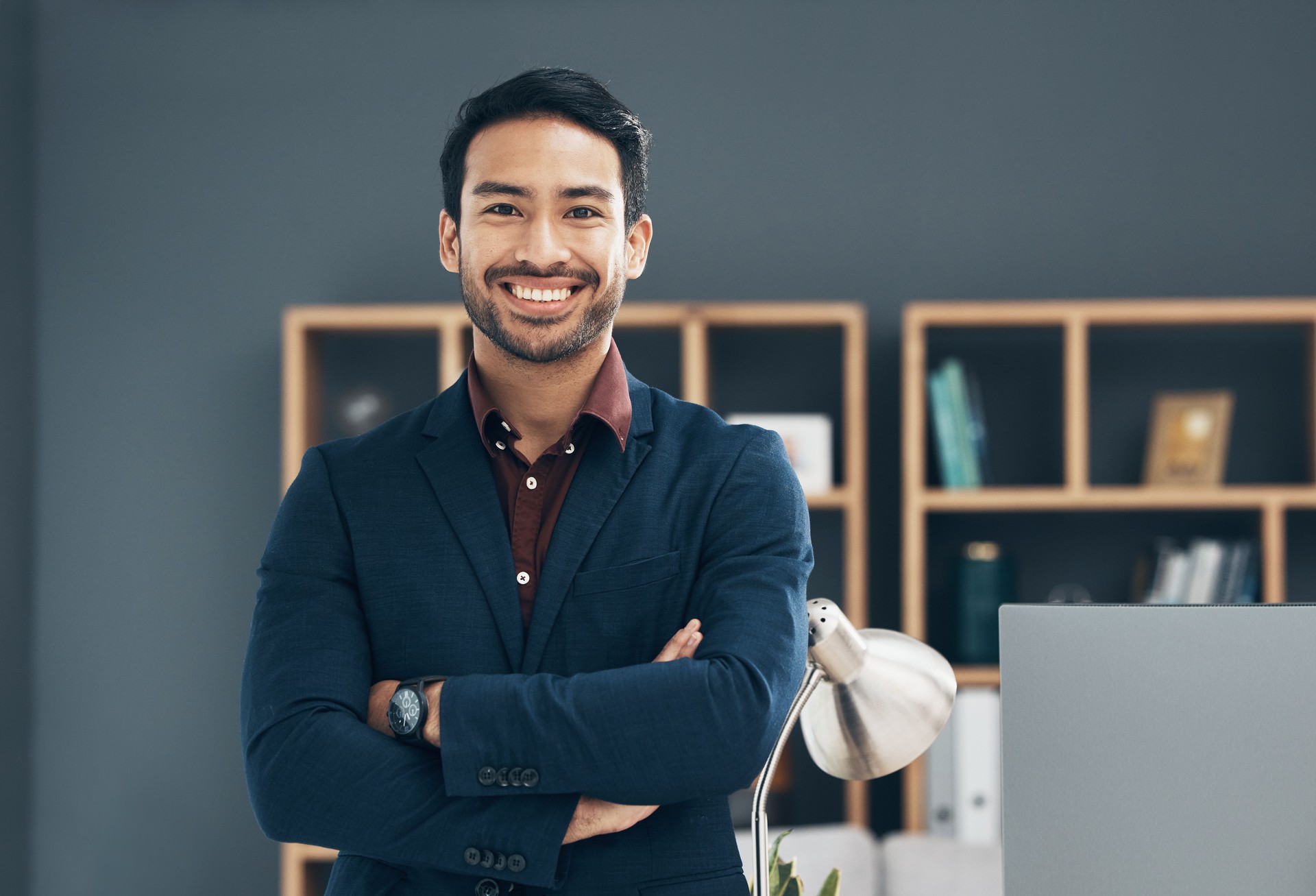 Office portrait, CEO and business man happy for startup law firm, corporate development or company success. Happiness, workplace and Taiwan lawyer with pride in career, job or professional growth